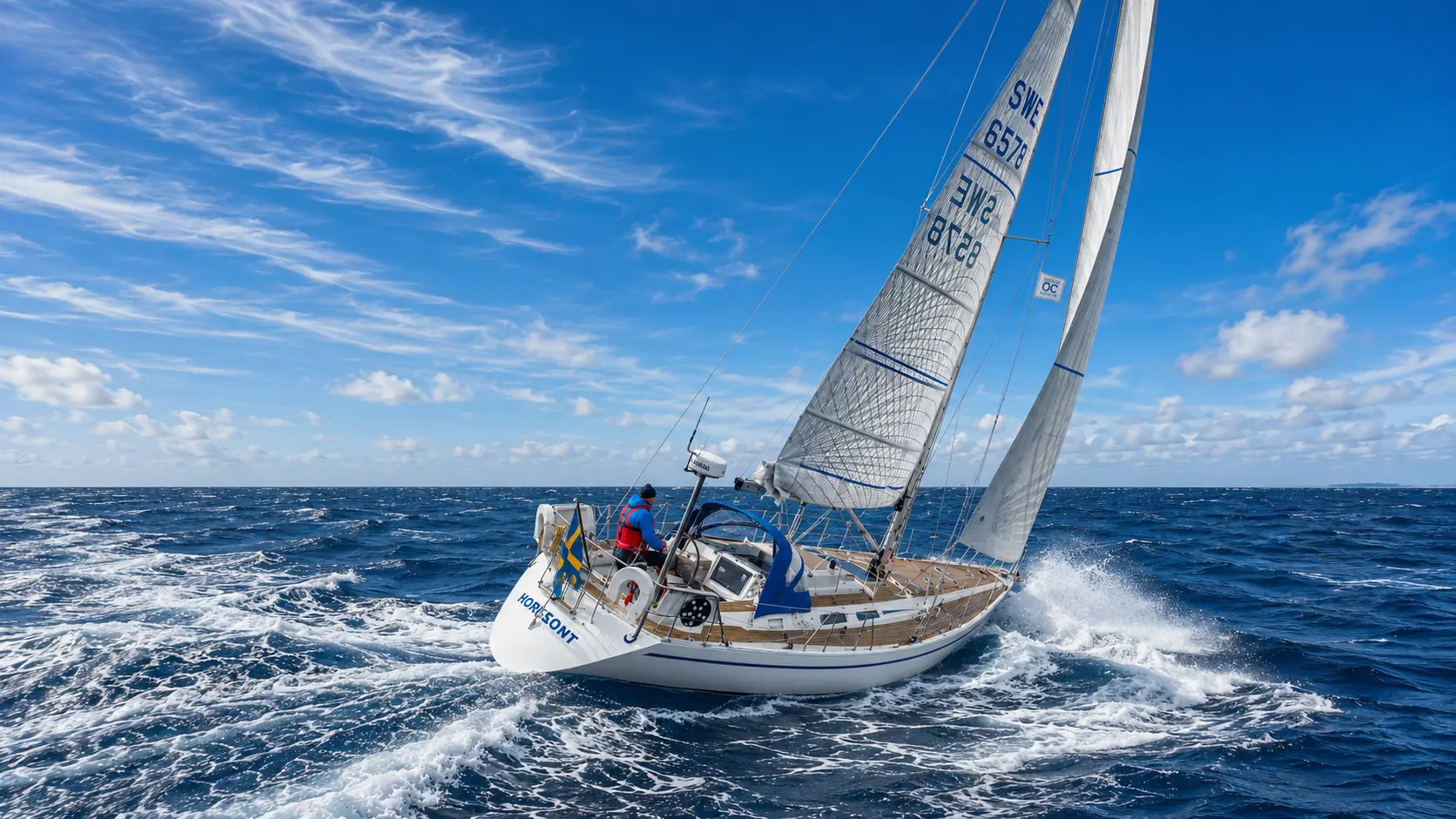 Sweden Yachts under segel i frisk vind på öppet hav